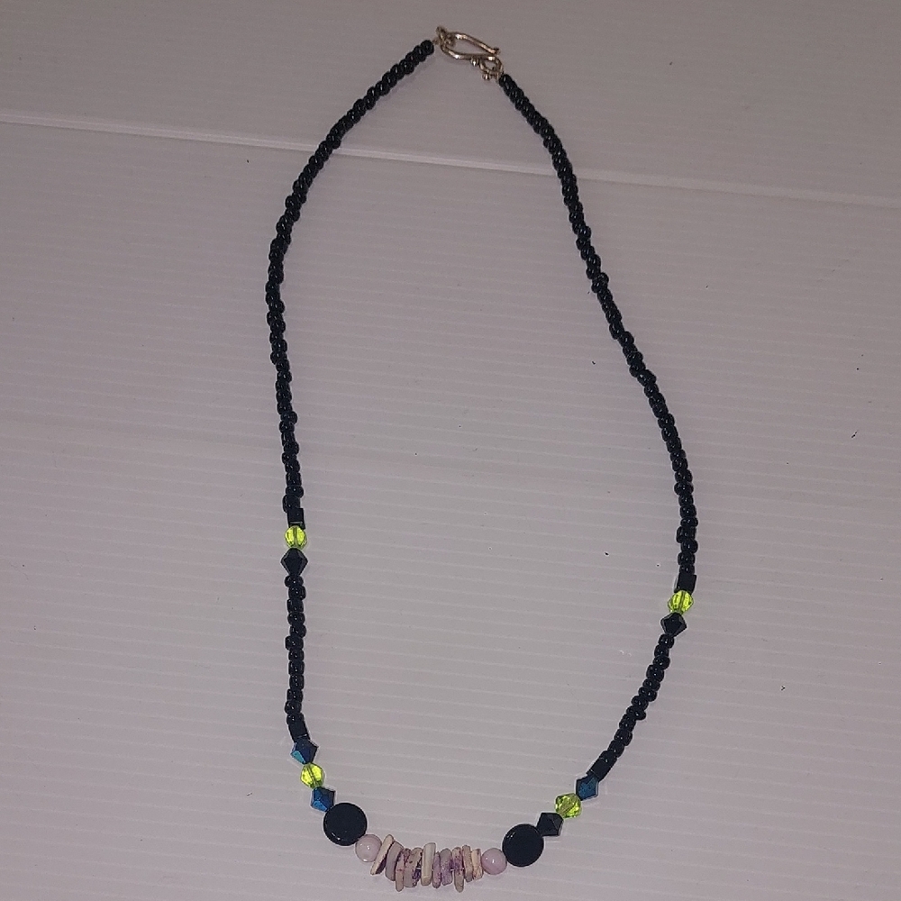 Black Beaded Necklace with Colorful Accents.Beachy Handmade 925 Silver Clasp